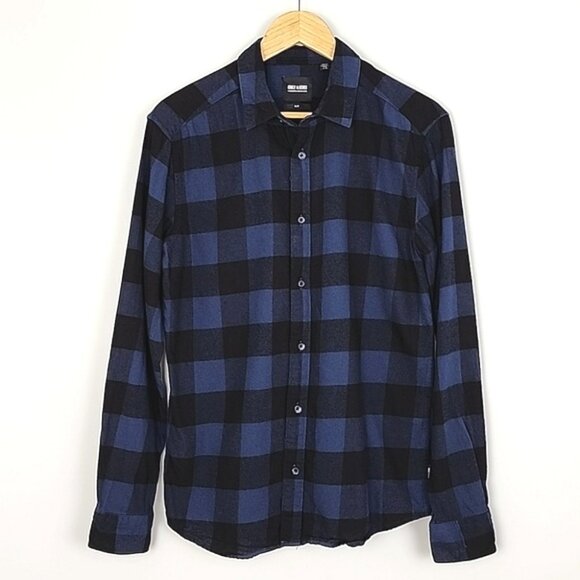 Only & Sons Men's Button Up Flannel Cotton Shirt Slim Blue Black Checkered Sz L - Picture 3 of 12